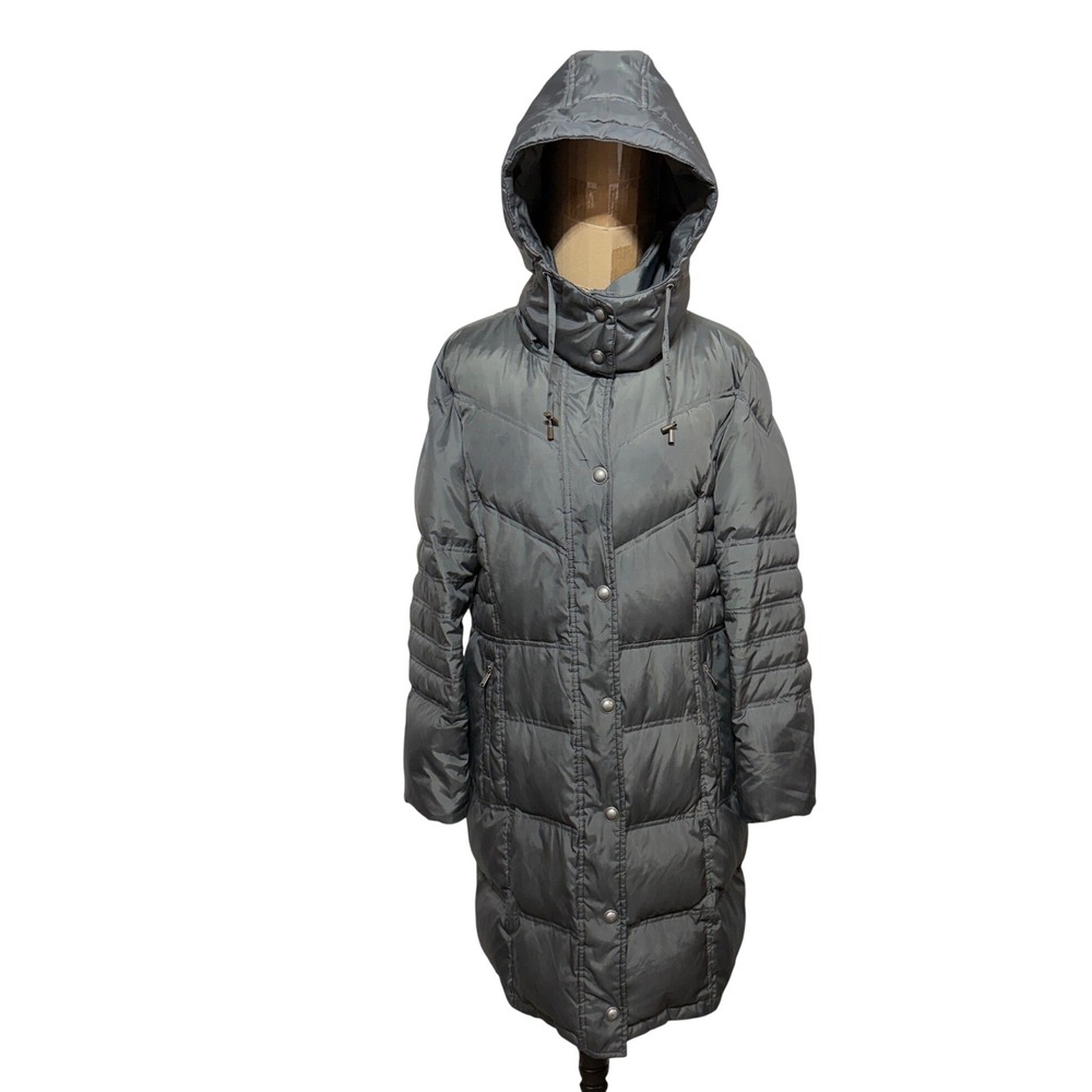 London Fog Puffer Coat Women XL Gray Down Feather Full Zip Hood Long Quilt Parka